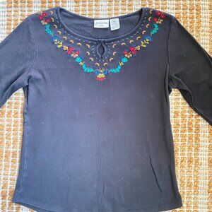 Vintage St. John’s Bay Embroidered Black Cotton Top – Size Small